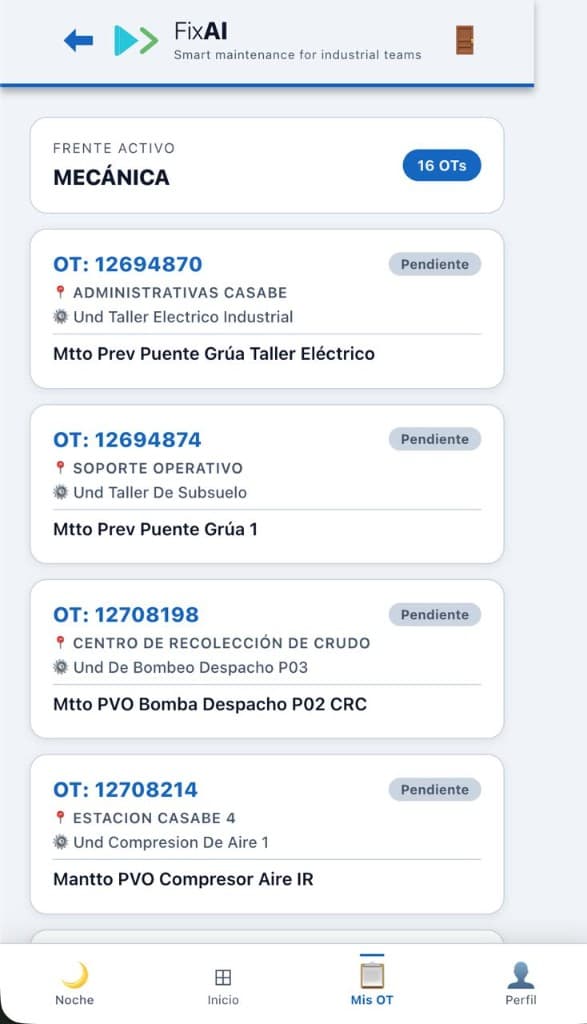 FixAI CMMS: Mis OT — suite IMELECTRIC con IA y órdenes de trabajo en campo